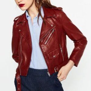 Zara burgundy red leather biker jacket